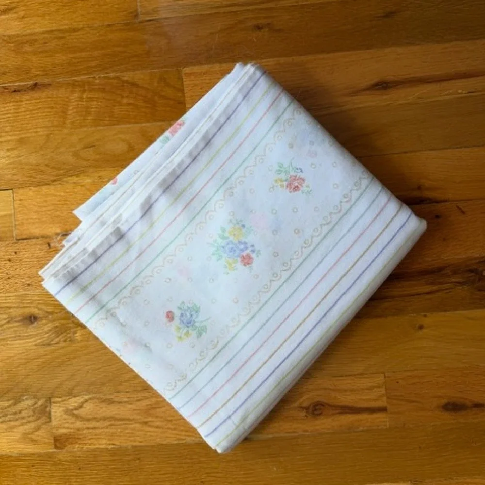 Vintage Full Size Flat sheet with pastel stripe and floral